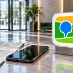 Android-смартфон рядом с официальным знаком 2ГИС и бумажной картой