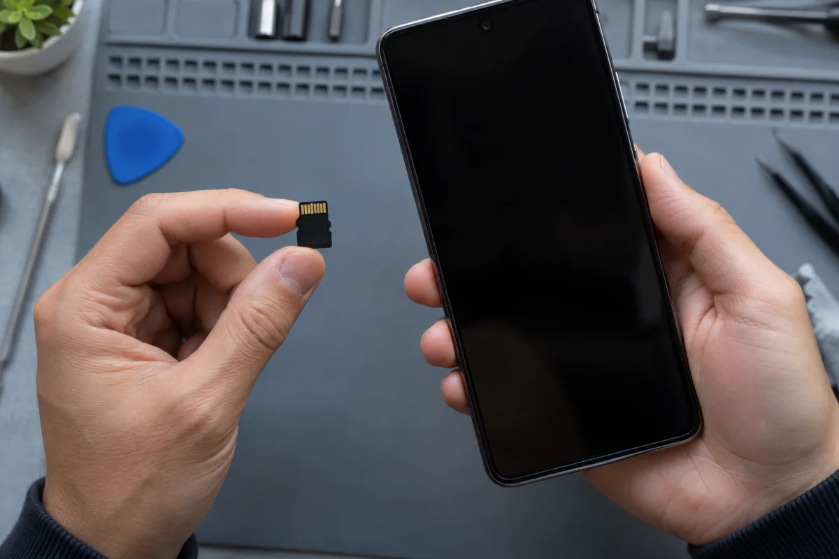Смартфон и microSD-карта перед проверкой места установки приложения