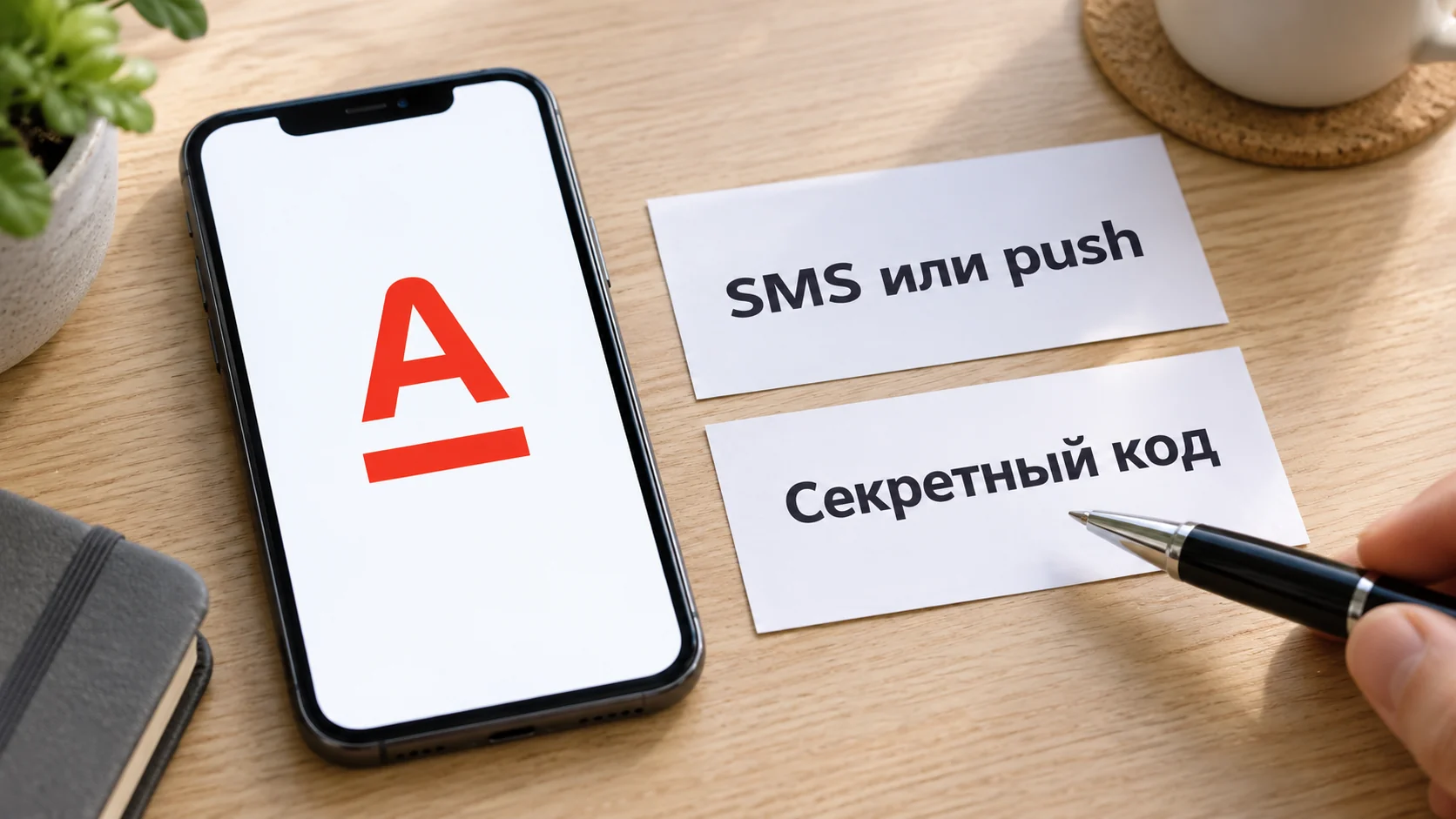 Карточки SMS или push и секретного кода рядом со знаком Альфа-Банка