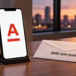 Смартфон со знаком Альфа-Банка рядом с конвертом SMS или push