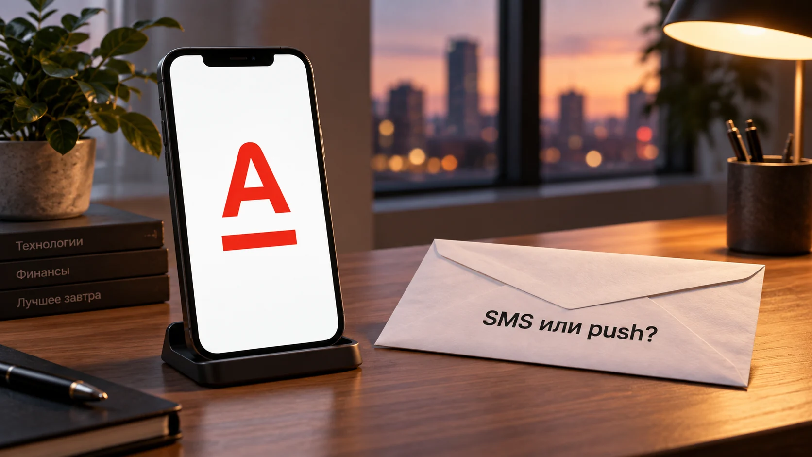 Смартфон со знаком Альфа-Банка рядом с конвертом SMS или push