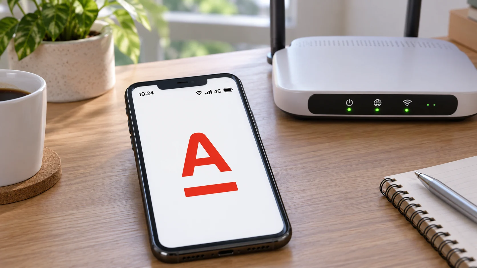 Смартфон Альфа-Банка с мобильным сигналом рядом с Wi-Fi роутером