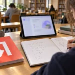 Школьница решает задачу с планшетом в библиотеке рядом с пособием Яндекса