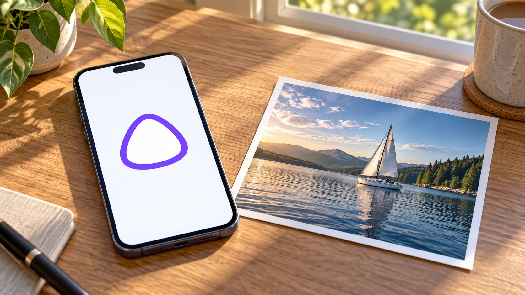 Смартфон со знаком Алисы AI рядом с фотографией парусника
