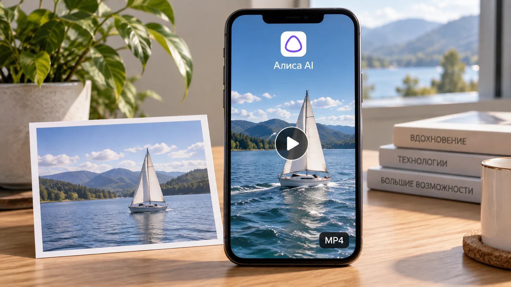 Условный видеоролик MP4 с парусником рядом с исходной фотографией