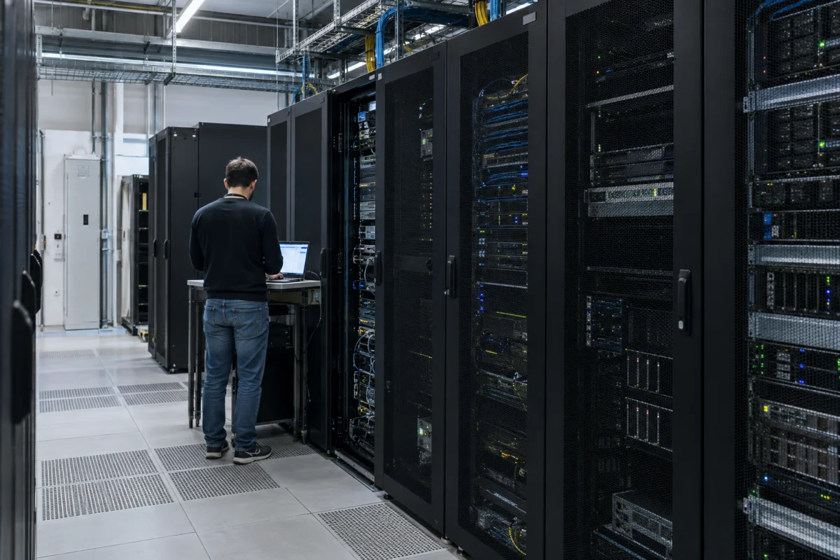 Инженер работает у серверных стоек в собственной инфраструктуре компании