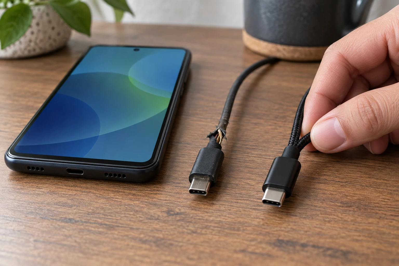 Исправный и повреждённый кабели USB-C рядом с одним телефоном Android