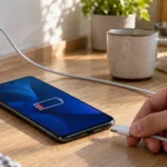 Работающий телефон Android рядом с кабелем зарядки и адаптером питания