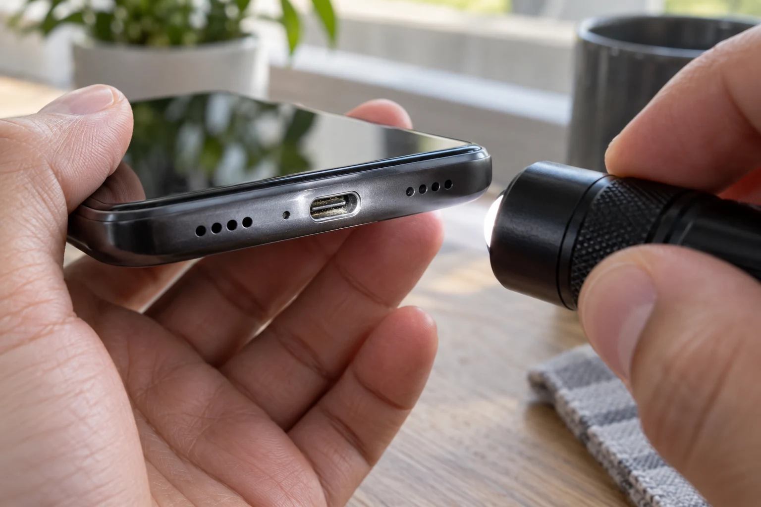 Фонарик освещает USB-C-разъём телефона Android снаружи