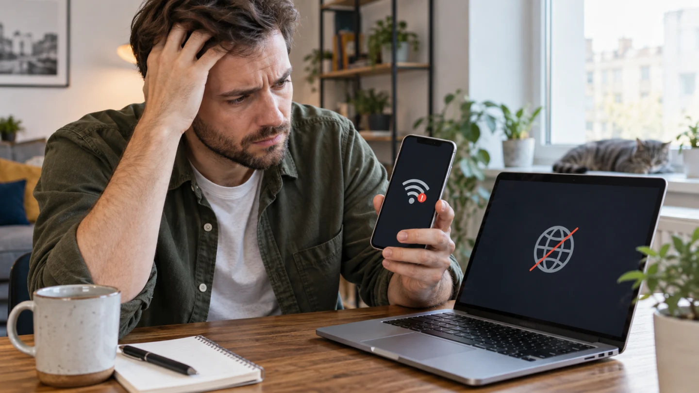 Пользователь проверяет точку доступа Android без интернета на ноутбуке