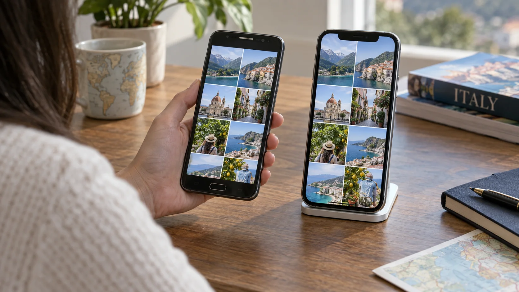 Старый Android и новый iPhone находятся рядом, на обоих видны фото