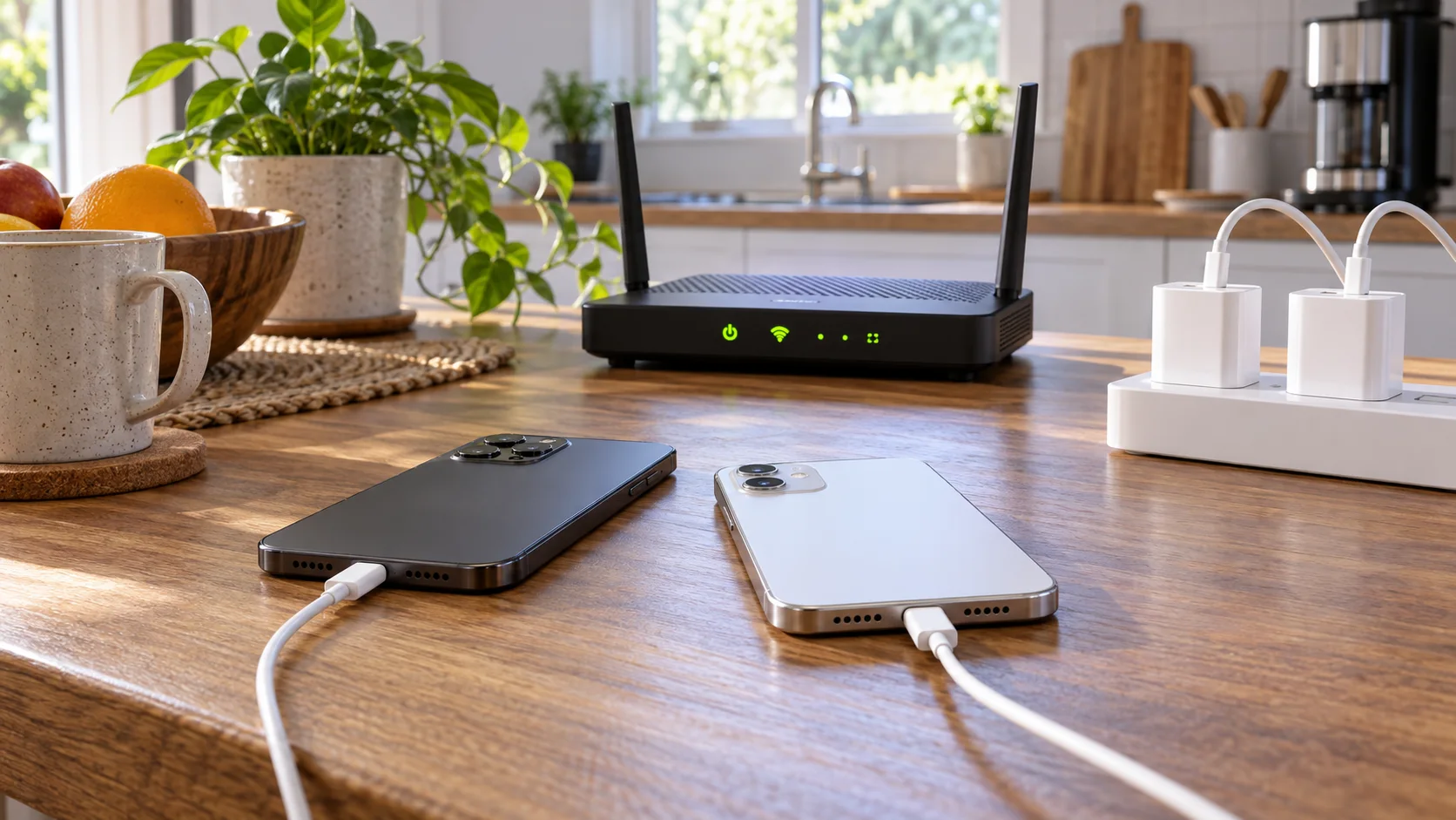 Оба телефона подключены к зарядке рядом с домашним Wi-Fi-роутером
