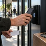 Пользователь проверяет NFC Android-смартфона у считывателя без чехла