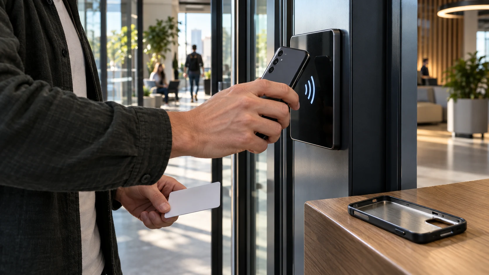 Пользователь проверяет NFC Android-смартфона у считывателя без чехла