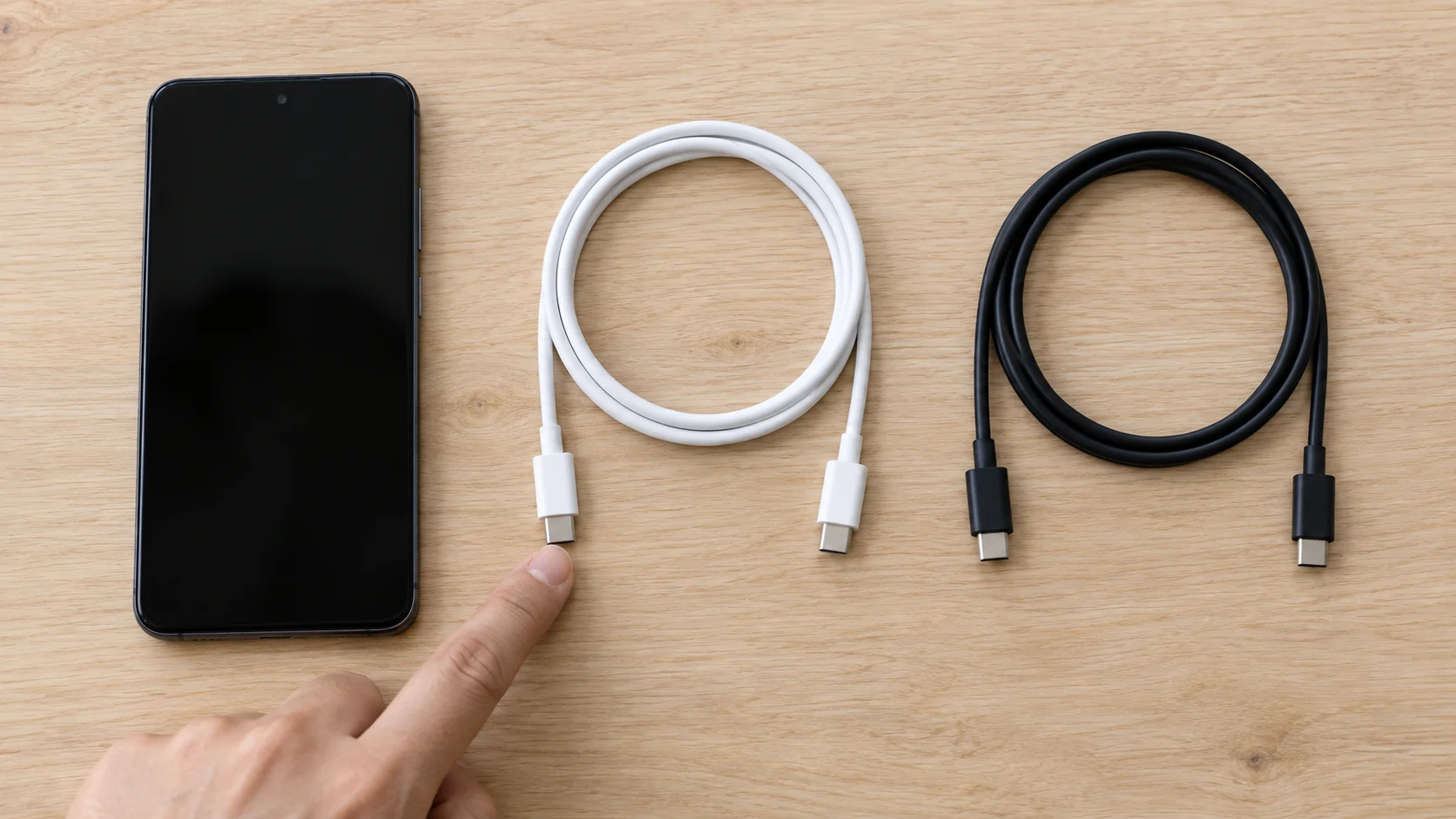 Два исправных кабеля USB-C рядом с телефоном Android