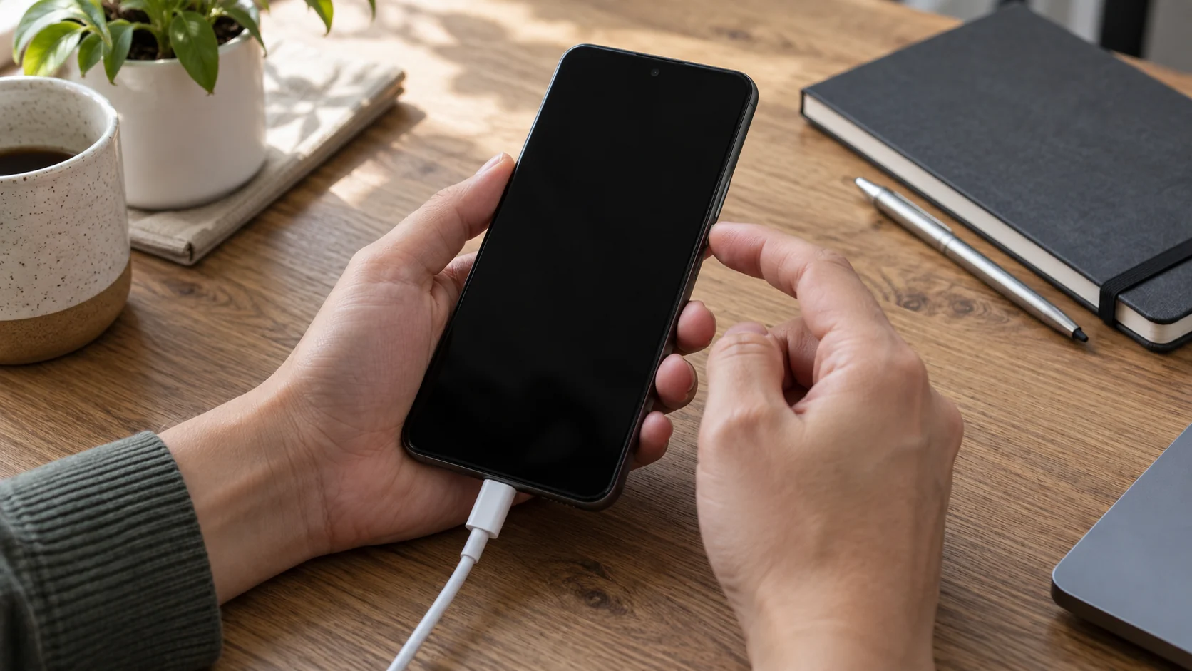 Телефон Android с чёрным экраном подключён к зарядке