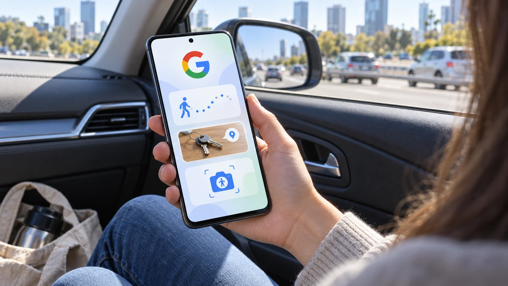 Пассажир использует новые функции Android с Gemini и Motion Assist во время поездки