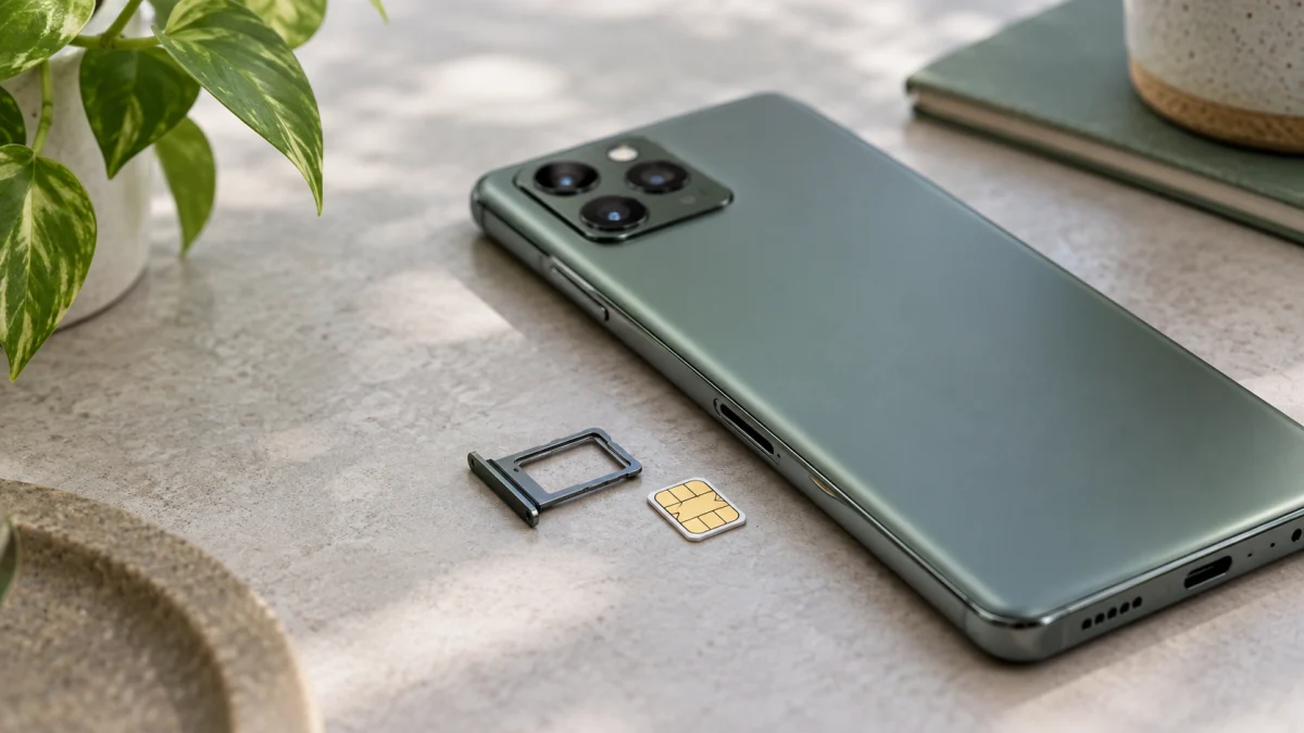 Android-смартфон рядом с физической nano-SIM и лотком