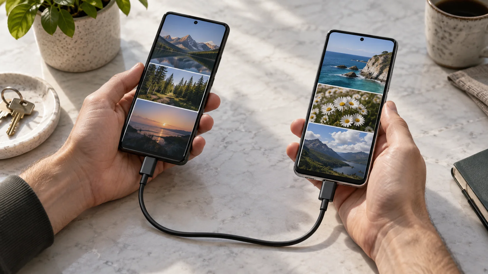 Два телефона Android физически соединены кабелем USB-C