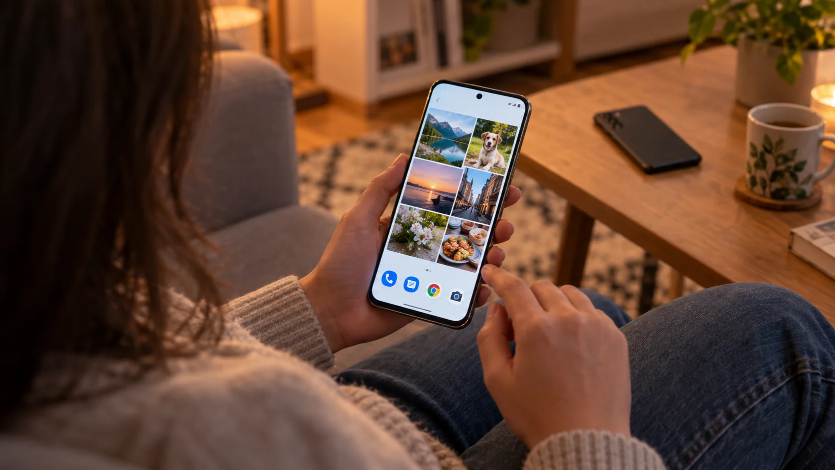 Человек проверяет фотографии на новом Android-телефоне