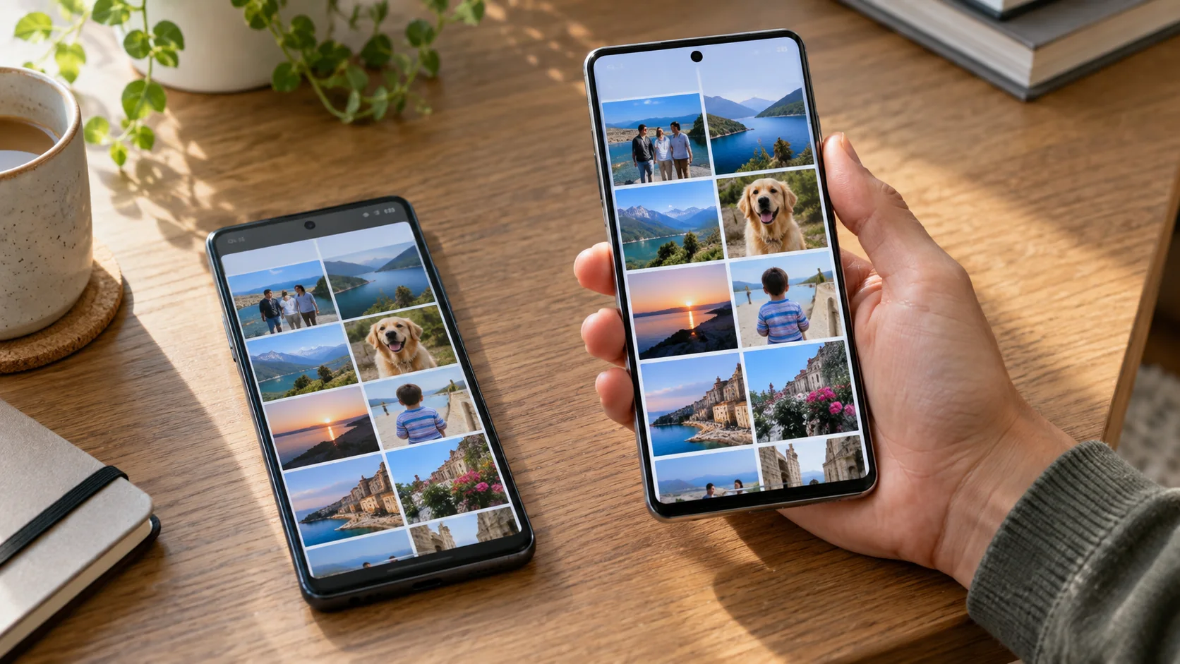 Два Android-смартфона с одинаковыми фотографиями перед переносом