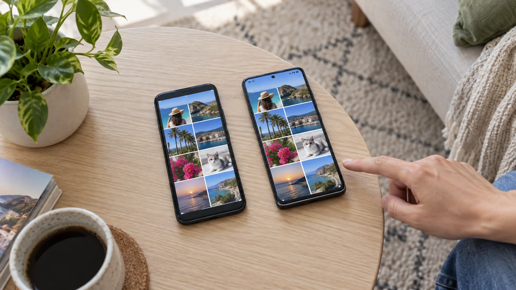 Два телефона Android лежат рядом без кабеля с одинаковыми фотографиями
