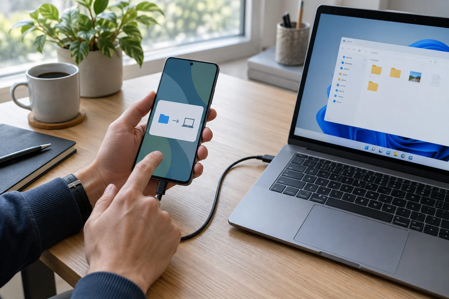 Разблокированный Android-смартфон подключён к ноутбуку для передачи файлов