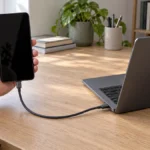 Смартфон с выключенным экраном подключён одним USB-C кабелем к ноутбуку
