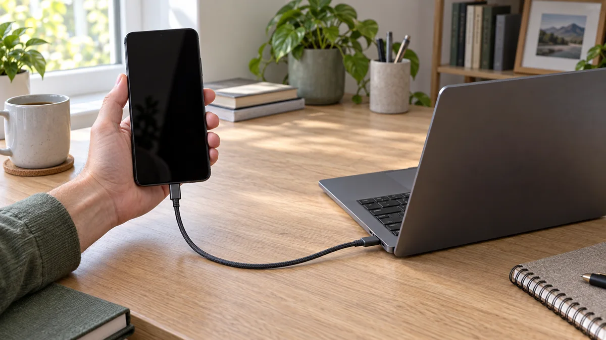 Смартфон с выключенным экраном подключён одним USB-C кабелем к ноутбуку