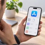 Пользователь проверяет зависшую загрузку приложения из App Store на iPhone