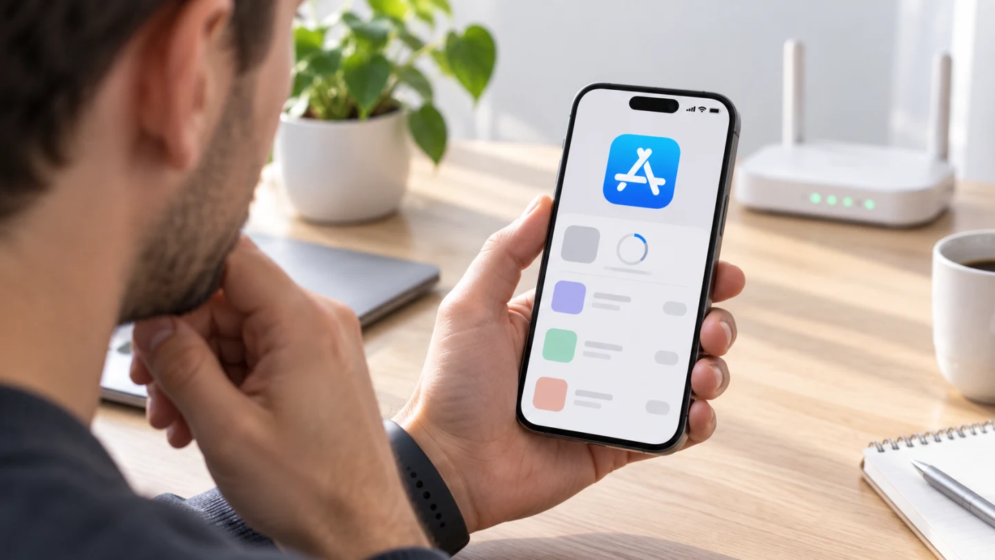 Пользователь проверяет зависшую загрузку приложения из App Store на iPhone