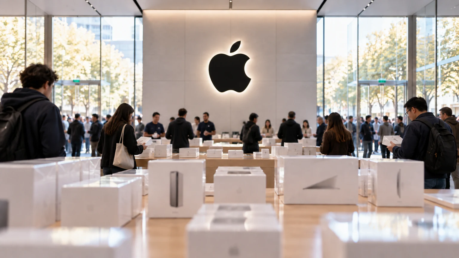 Посетители в современном магазине Apple в день старта продаж новой линейки
