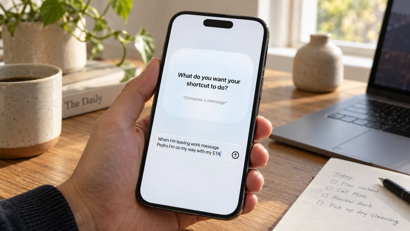 Функция Describe a Shortcut в приложении Команды на iPhone с текстовым описанием автоматизации