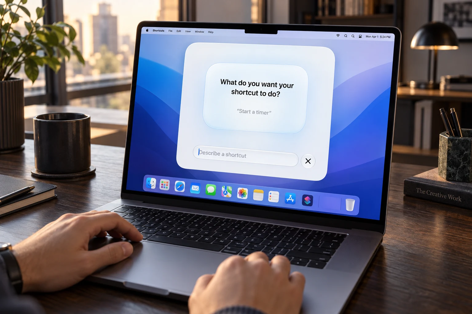 Окно Describe a Shortcut в приложении Команды на компьютере Mac с macOS 27