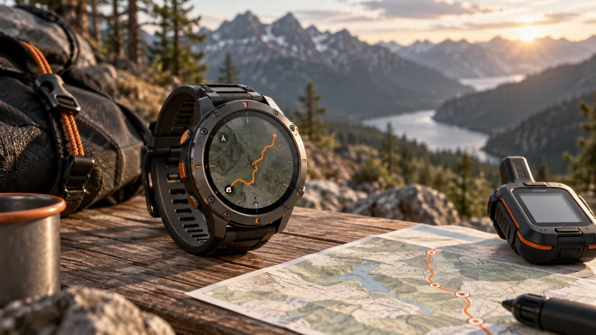 Спортивные часы лежат рядом с картой маршрута и GPS-приёмником