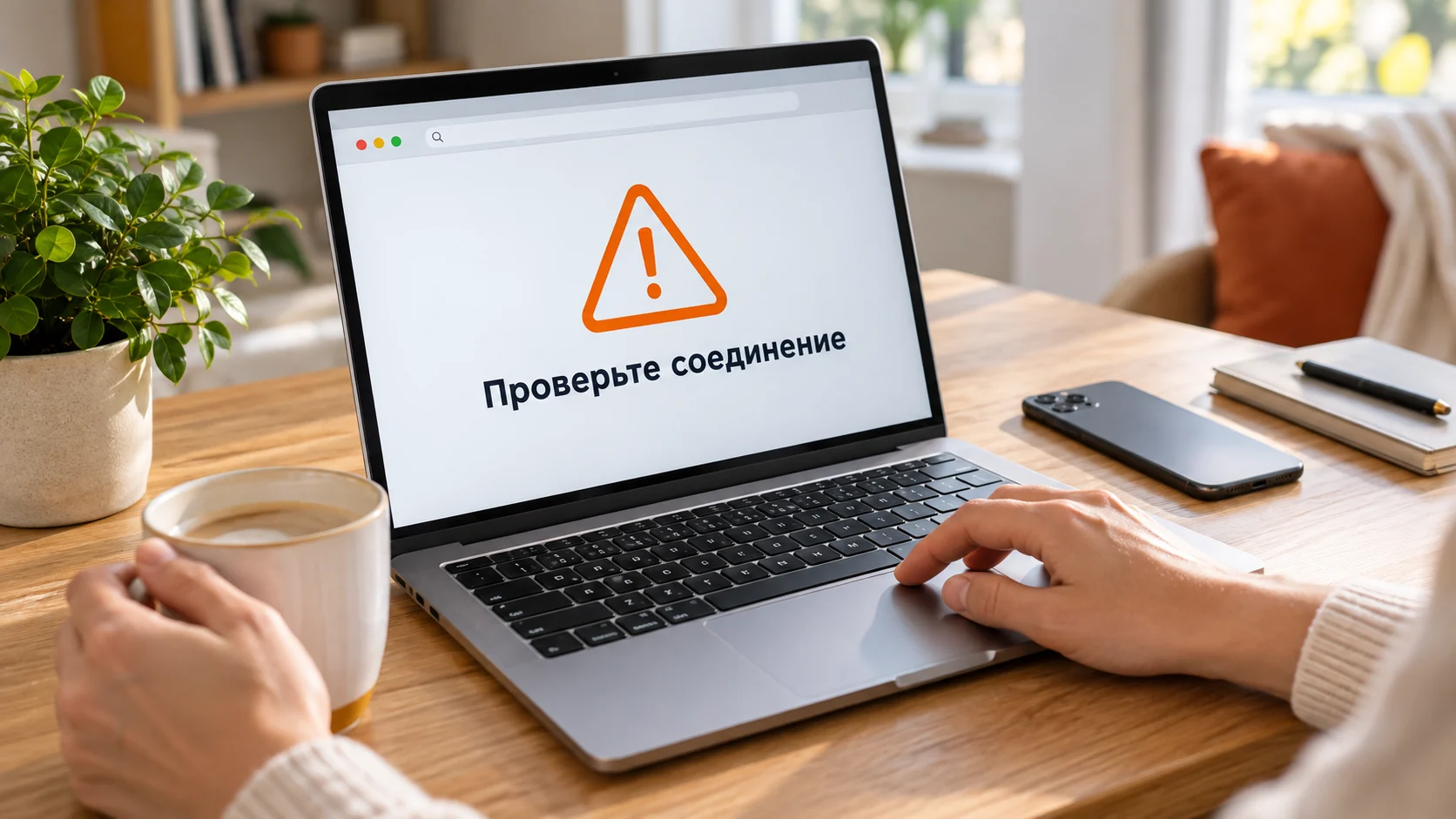 Схематичное предупреждение о соединении на ноутбуке рядом со смартфоном