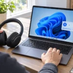 Человек держит Bluetooth-наушники рядом с ноутбуком Windows 11
