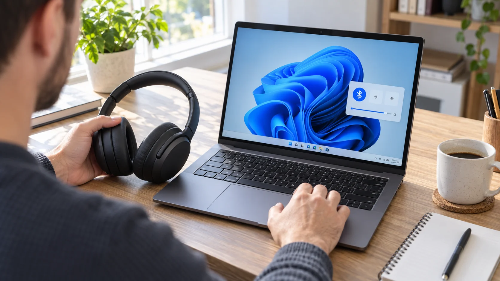Человек держит Bluetooth-наушники рядом с ноутбуком Windows 11