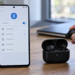Android ищет беспроводные наушники рядом с открытым зарядным футляром