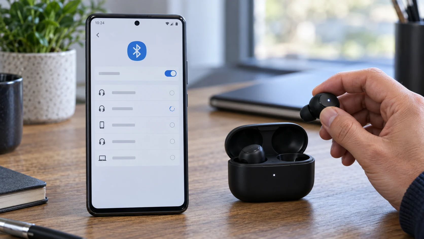 Android ищет беспроводные наушники рядом с открытым зарядным футляром