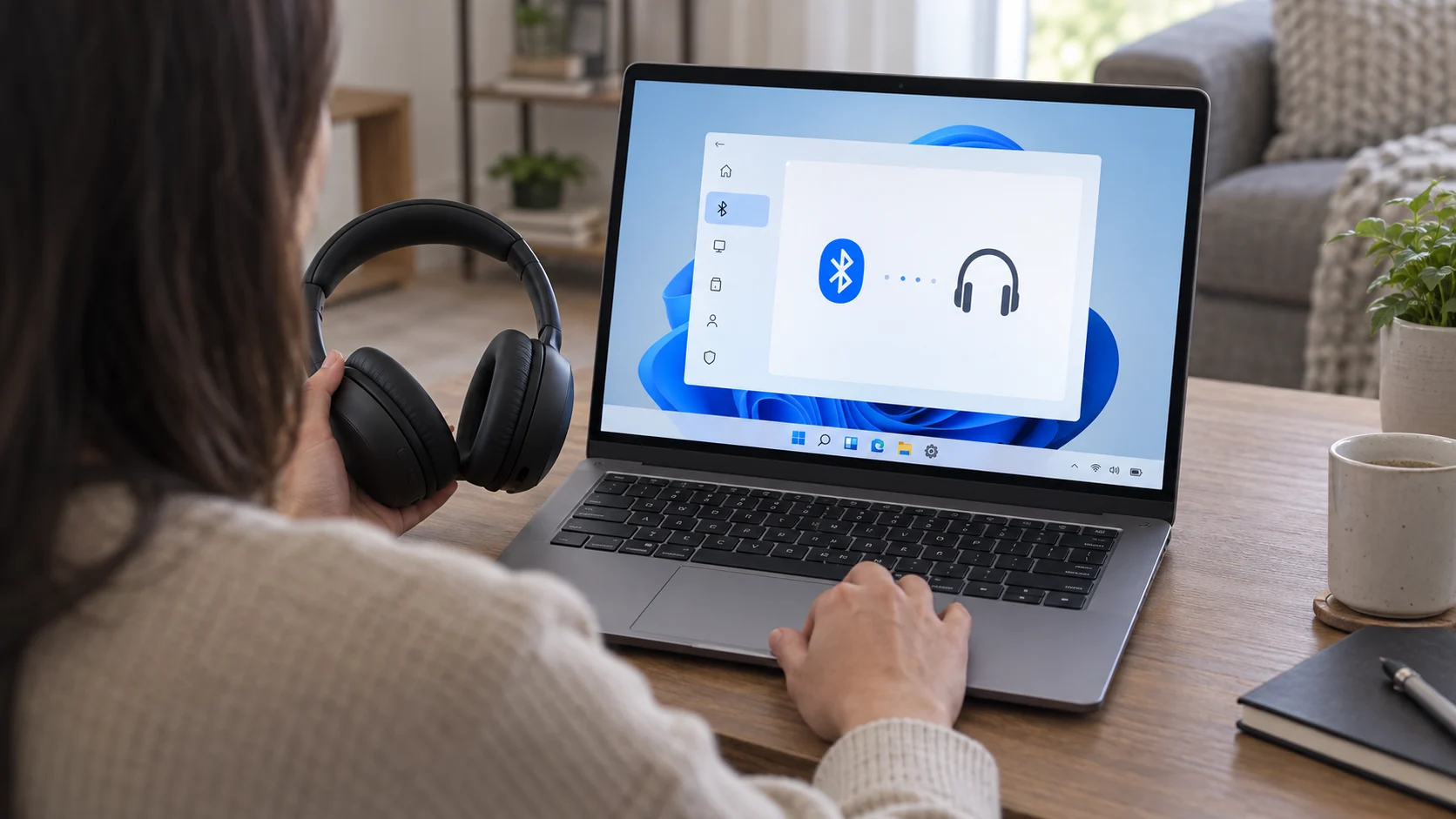 Ноутбук показывает схематичный поиск Bluetooth-наушников