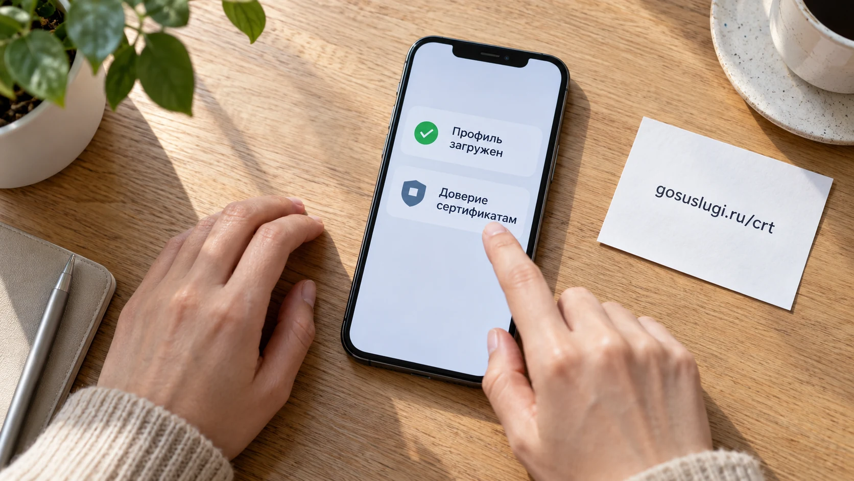 Схема настройки доверия сертификатам на iPhone возле адреса Госуслуг