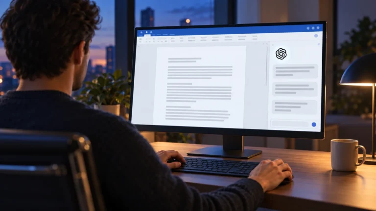ChatGPT в боковой панели редактора Microsoft Word на большом мониторе