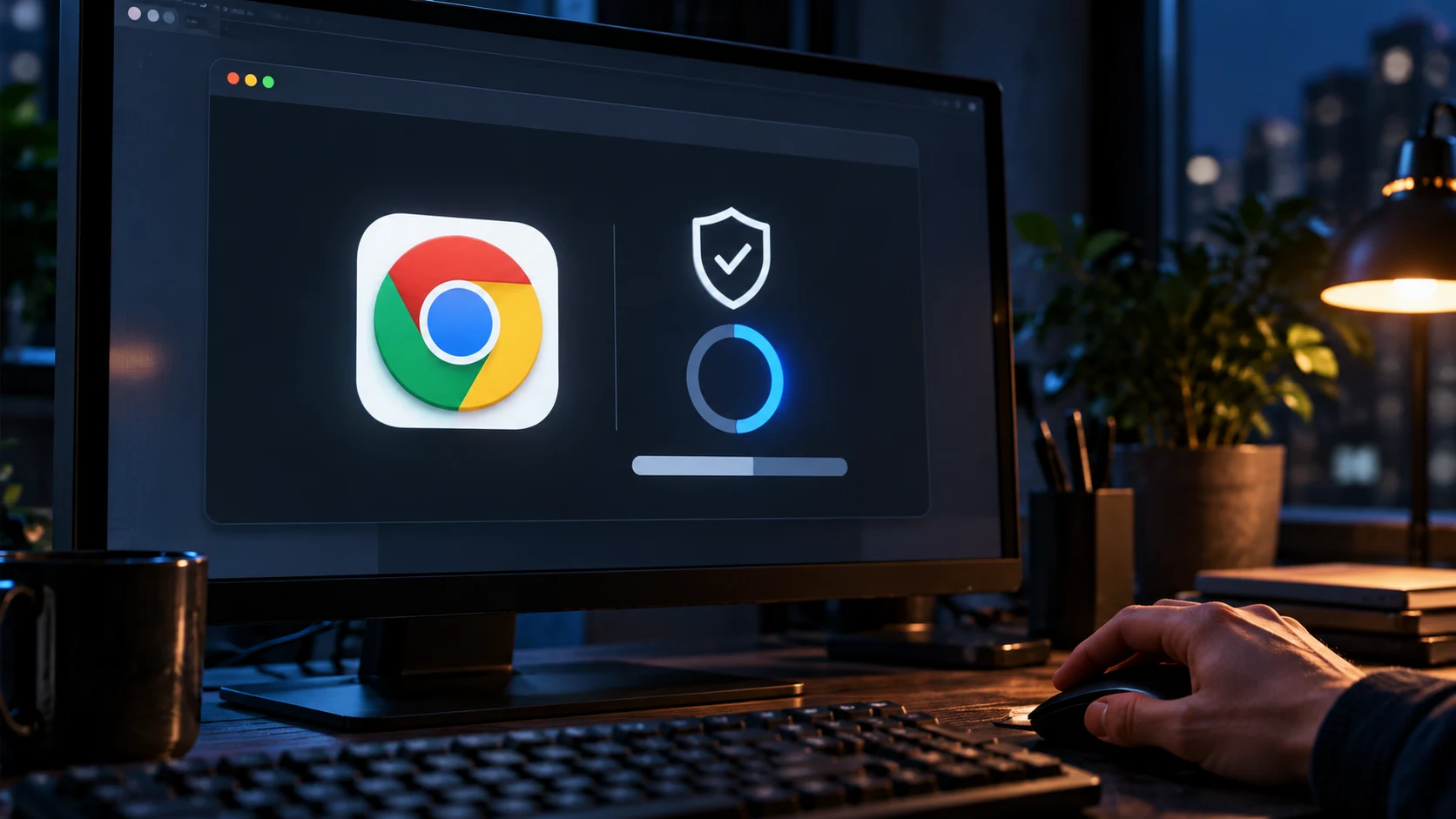 Пользователь устанавливает обновление безопасности Google Chrome на компьютере