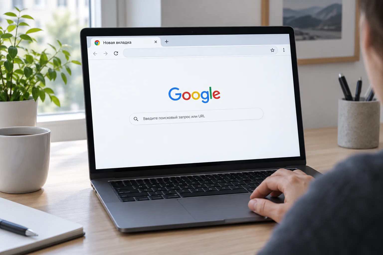 Открытая новая вкладка Google Chrome на ноутбуке