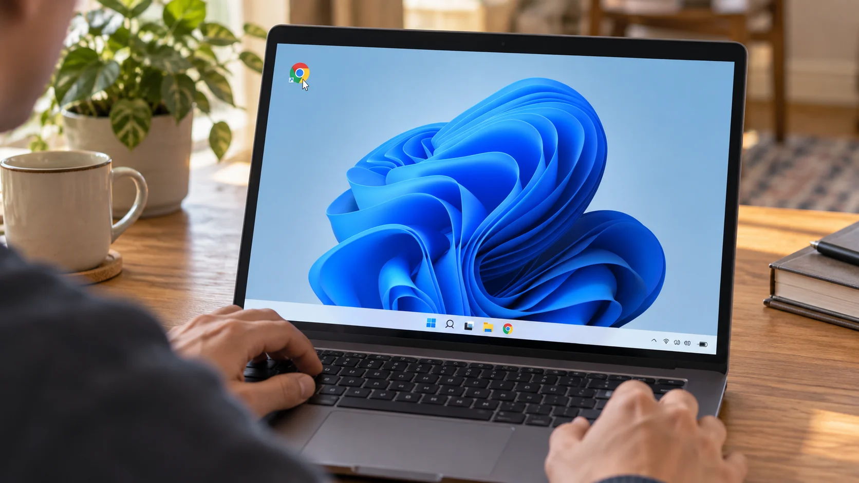 Человек пробует открыть Chrome на ноутбуке с Windows 11