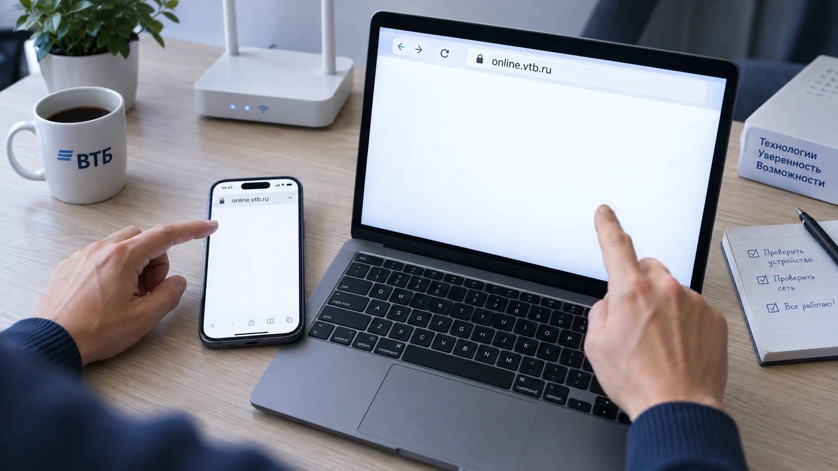 Сравнение адреса online.vtb.ru на телефоне и ноутбуке возле Wi-Fi роутера
