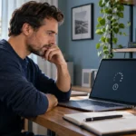 Пользователь проверяет ошибку Connection timed out на ноутбуке рядом с маршрутизатором