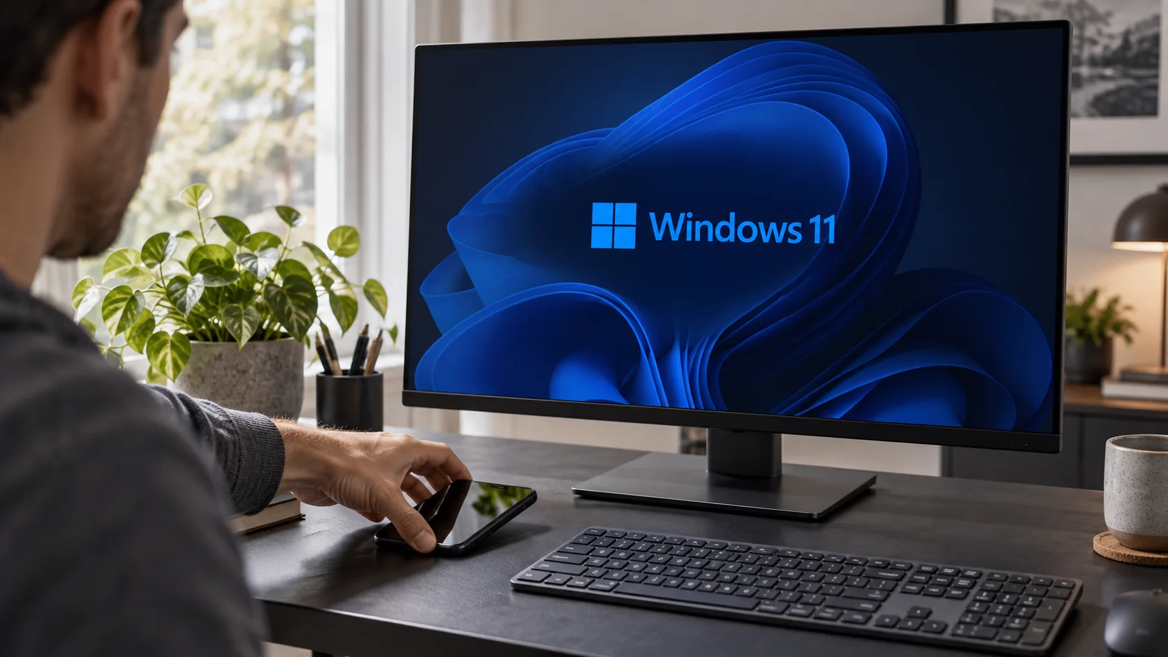 Смартфон Android рядом с компьютером Windows 11 на рабочем столе