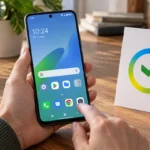 Android-смартфон рядом с официальным знаком Сбера на настольной карточке